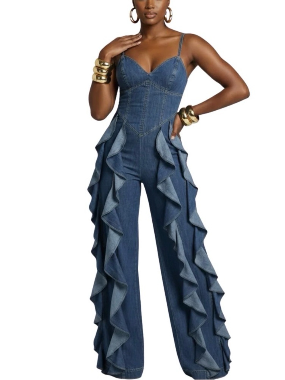 Denim Ruffle Wide-Leg Jumpsuit - Blue